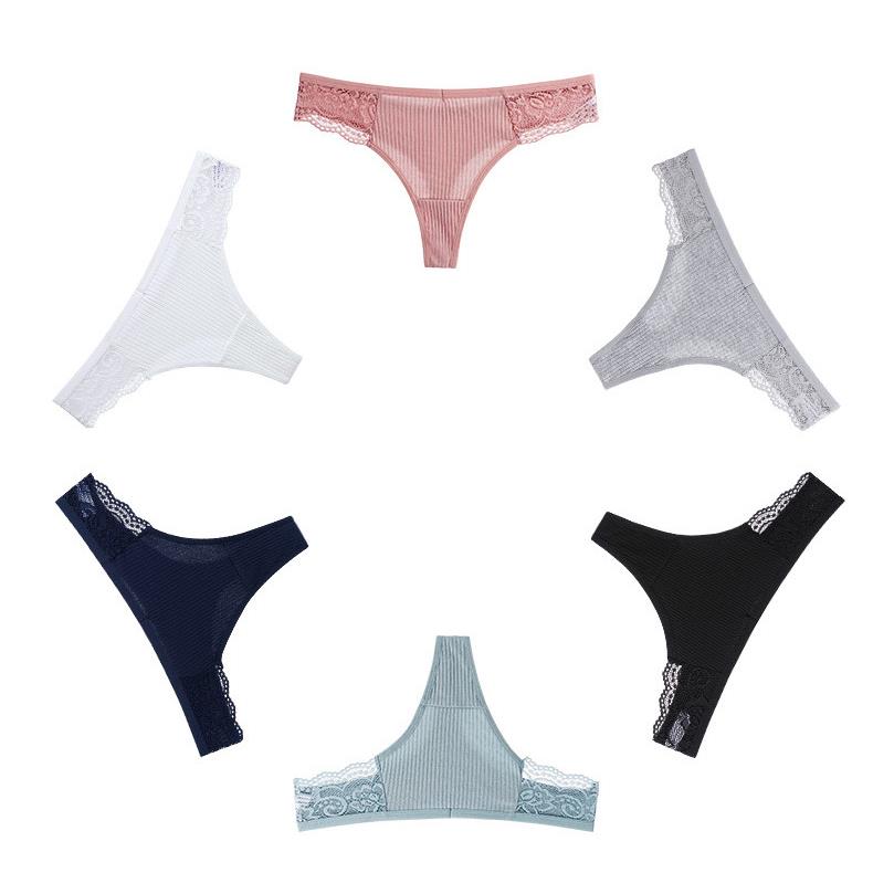 Women's Cotton and Lace Thongs Underwear Ladies Sexy T-Back