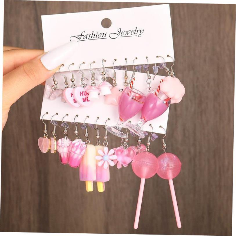 earrings set 12 pieces环保粉色蘑菇冰淇淋花朵爱心耳环套装12件