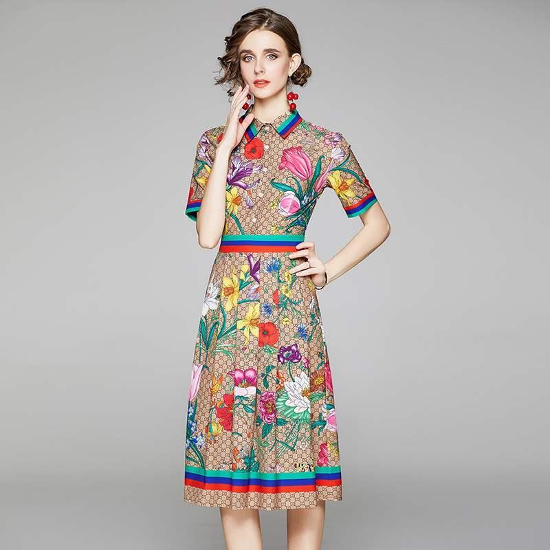Runway Flower Dress Summer Dress Shirt Women Buttons Letters