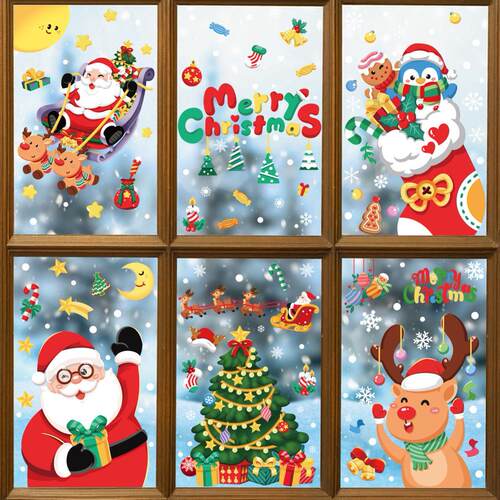 Christmas snow window with Santa Claus moose static sticker