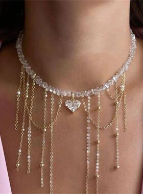 Fashion Vintage Tassels Zircon Heart Pendant Necklace For Wo