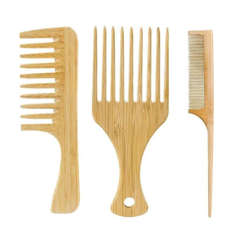 1Pc Natural Bamboo Wooden Hair Comb Anti-Static Afro Fork Co