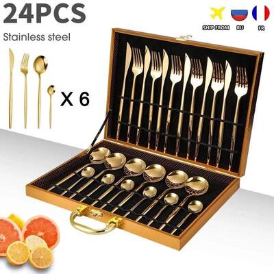 24PCS Cutlery Set Stainless Knife Fork Spoon Flatware Tablew