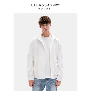 ELLASSAY歌力思男装秋100%棉60S高支纯白色飞行员夹克外套男