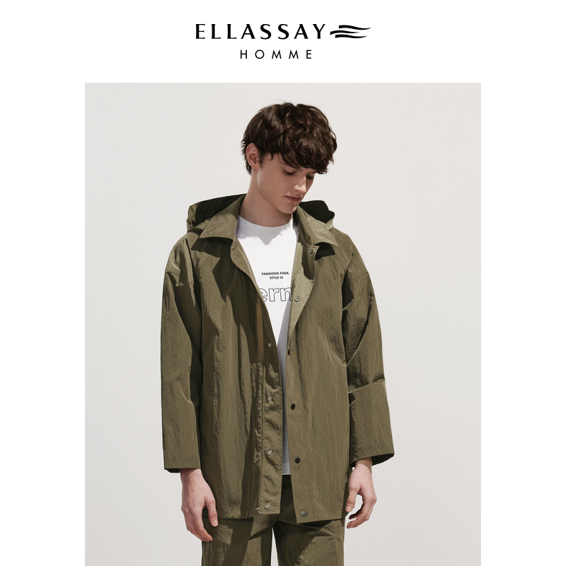 ELLASSAY歌力思男装皱感小格纹肌理中长款连帽风衣EME341T01000