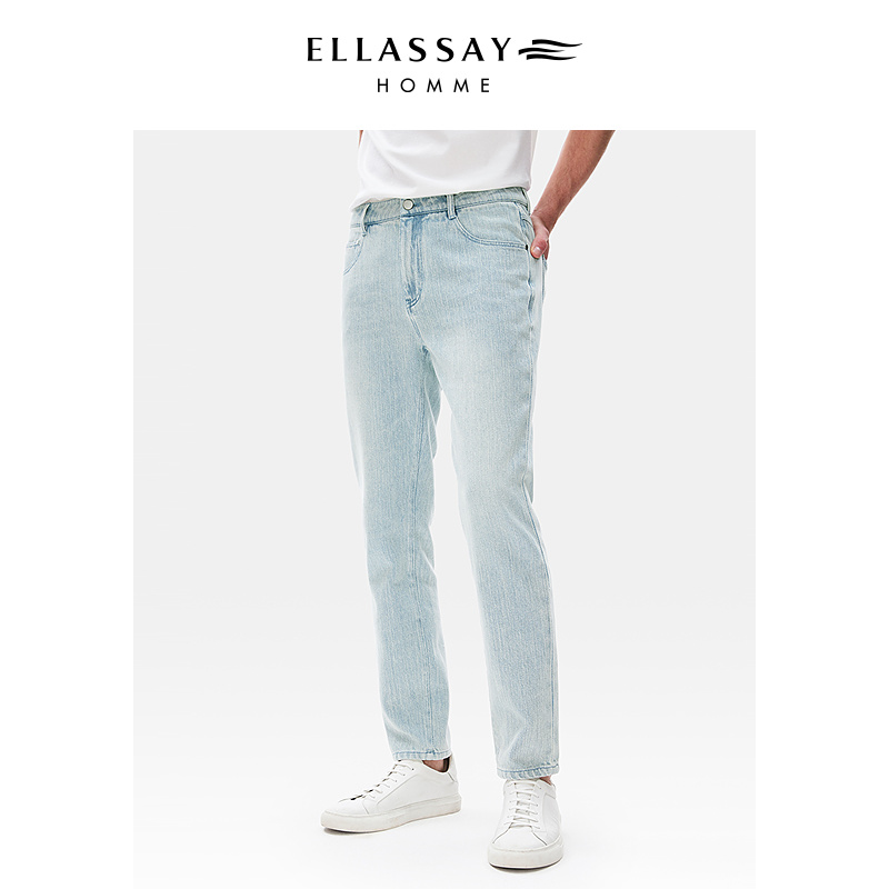 ELLASSAY歌力思男装夏季环保洗水棉混纺高腰直身牛仔长裤男士