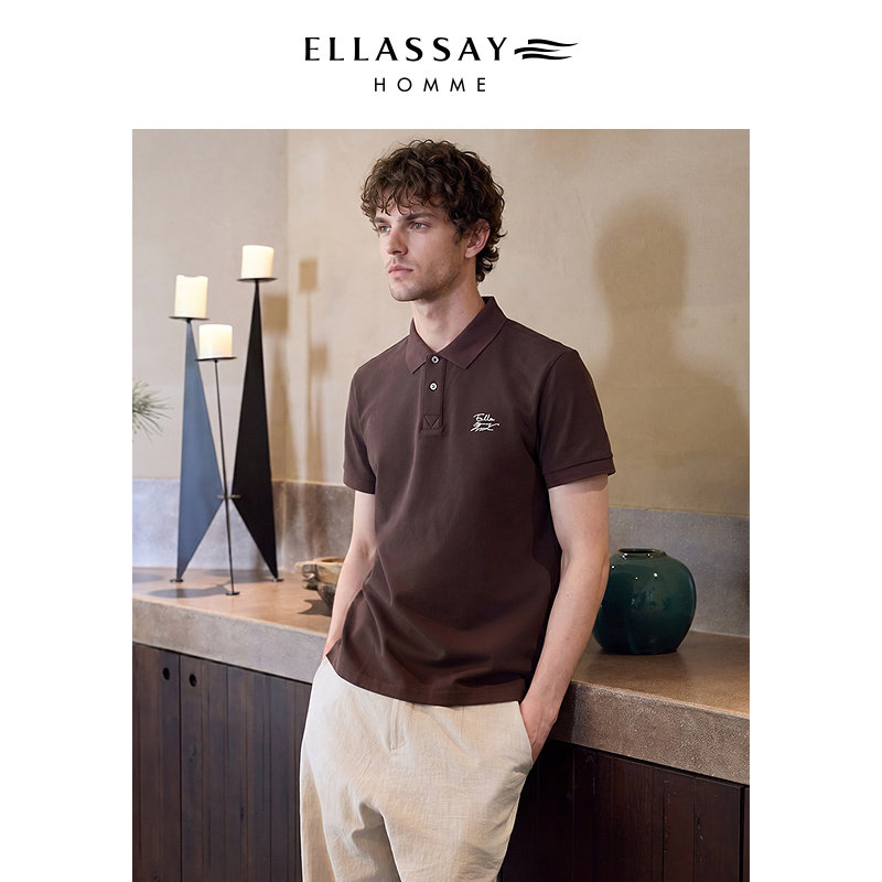 ELLASSAY歌力思男装26春夏桑蚕丝珠地刺绣商务短袖polo衫男士 - 实物图