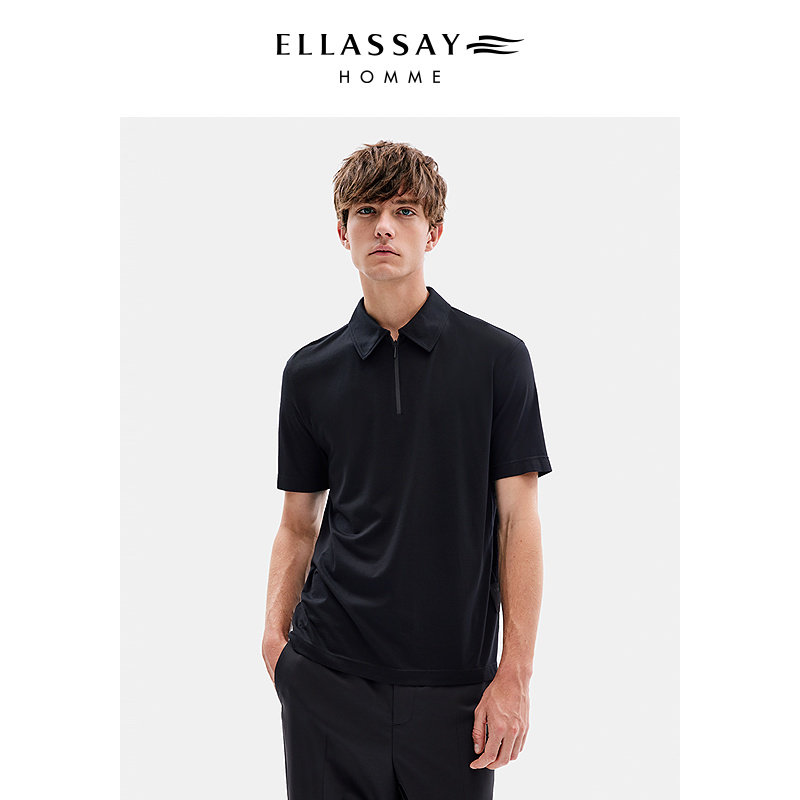 ELLASSAY歌力思男装早春纯色正肩灵地思羊毛拉链短袖POLO衬衫
