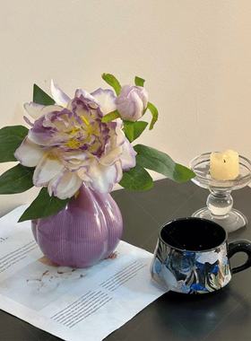 紫色牡丹花仿真花客厅餐桌装饰床头柜高级感陶瓷摆件家居摆件假花