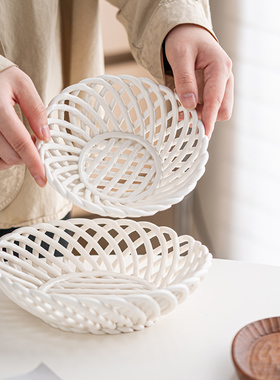 仿编织装饰品陶瓷镂空果盘沥水篮