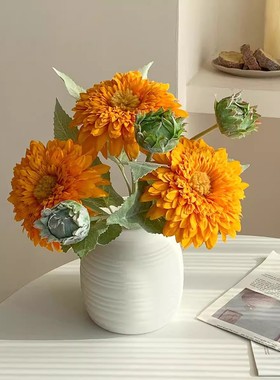泰迪向日葵仿真花束陶瓷插花摆件