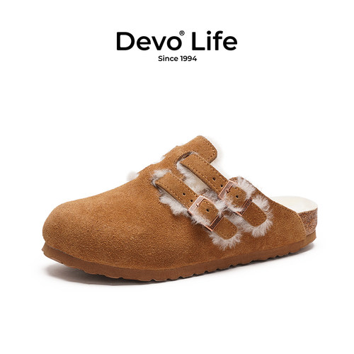 Devo/的沃软木拖鞋包头绒面加毛加绒保暖半拖外穿套脚女鞋22003