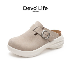 Devo/的沃软木鞋厚底包头休闲女士拖鞋增高坡跟百搭半包拖鞋22011