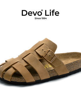 Devo Life软木拖鞋女半拖半包外穿低跟平底2025新款夏包头鞋24025