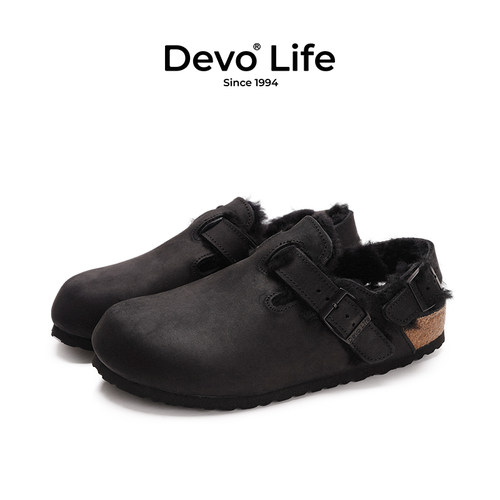 Devo Life软木拖鞋包头半包棉鞋加绒加毛外穿秋冬季女鞋 23007