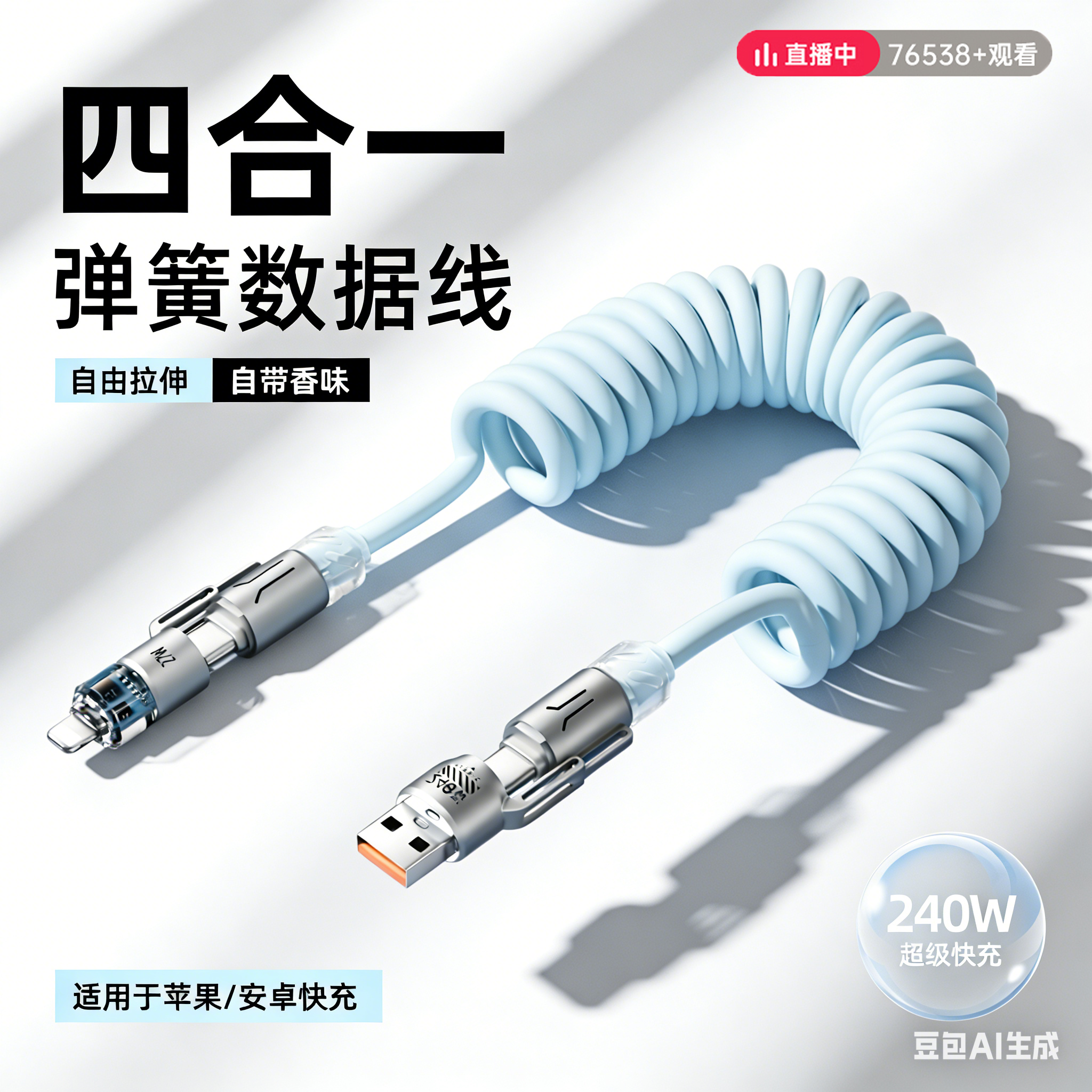240W四合一弹簧快充数据线适用苹果华为安卓手机通用iPhone17/16/15/14/13/12promax车载投屏carplay