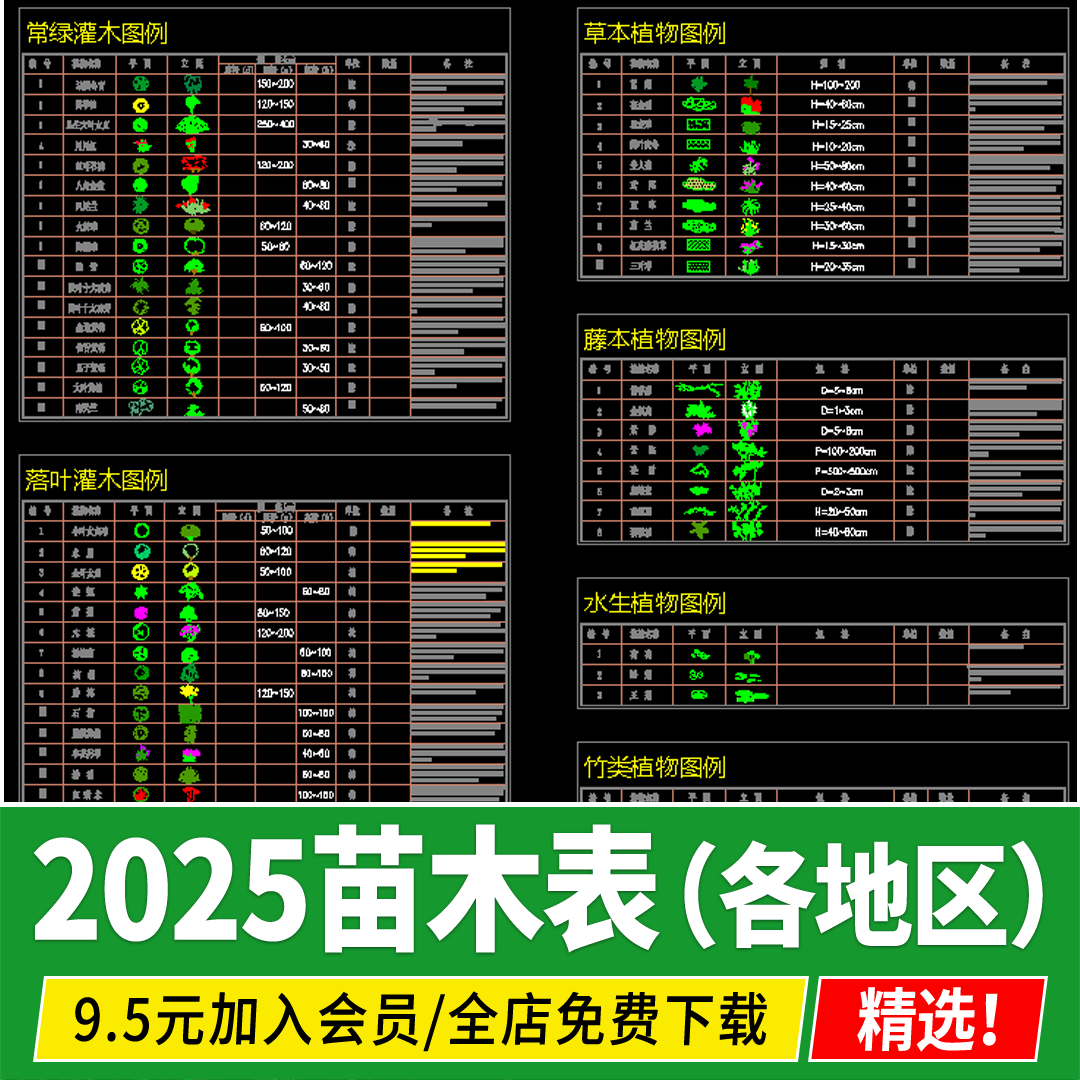 景观苗木表园林绿化规格南方北方通用配置常用植物图例CAD施工图