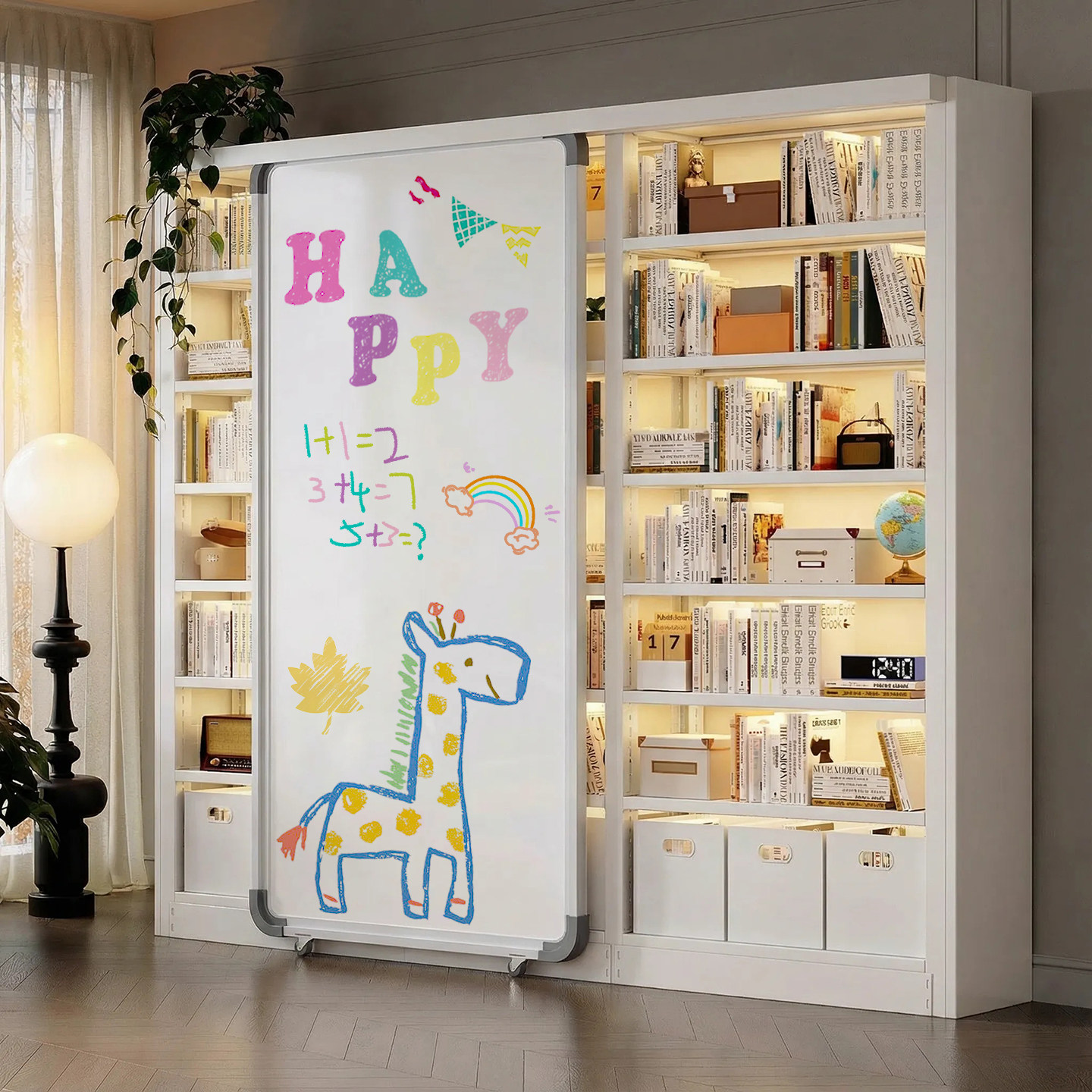家用图书馆书架钢制带白板门儿童涂鸦书柜客厅书房一体靠墙置物架