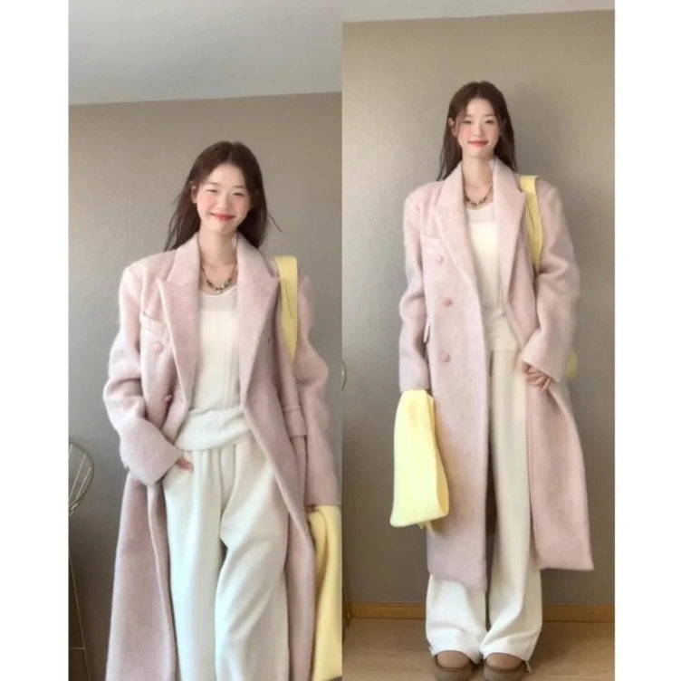 韩系加厚粉色中长款呢子大衣女秋冬新款高级感夹棉毛呢西装外套潮