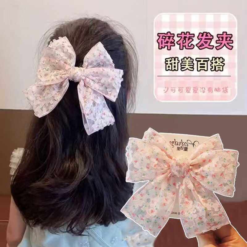 儿童洋气蝴蝶结发夹小女孩清新可爱碎花弹簧夹公主顶夹后脑勺头饰