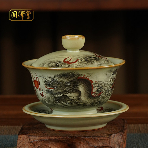 汝瓷大师手绘墨龙大盖碗可收藏
