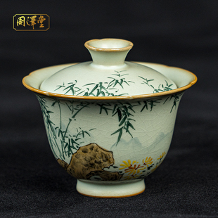 汝瓷手绘竹菊君子两才盖碗手工汝窑茶碗开片可收藏省工大师定制款