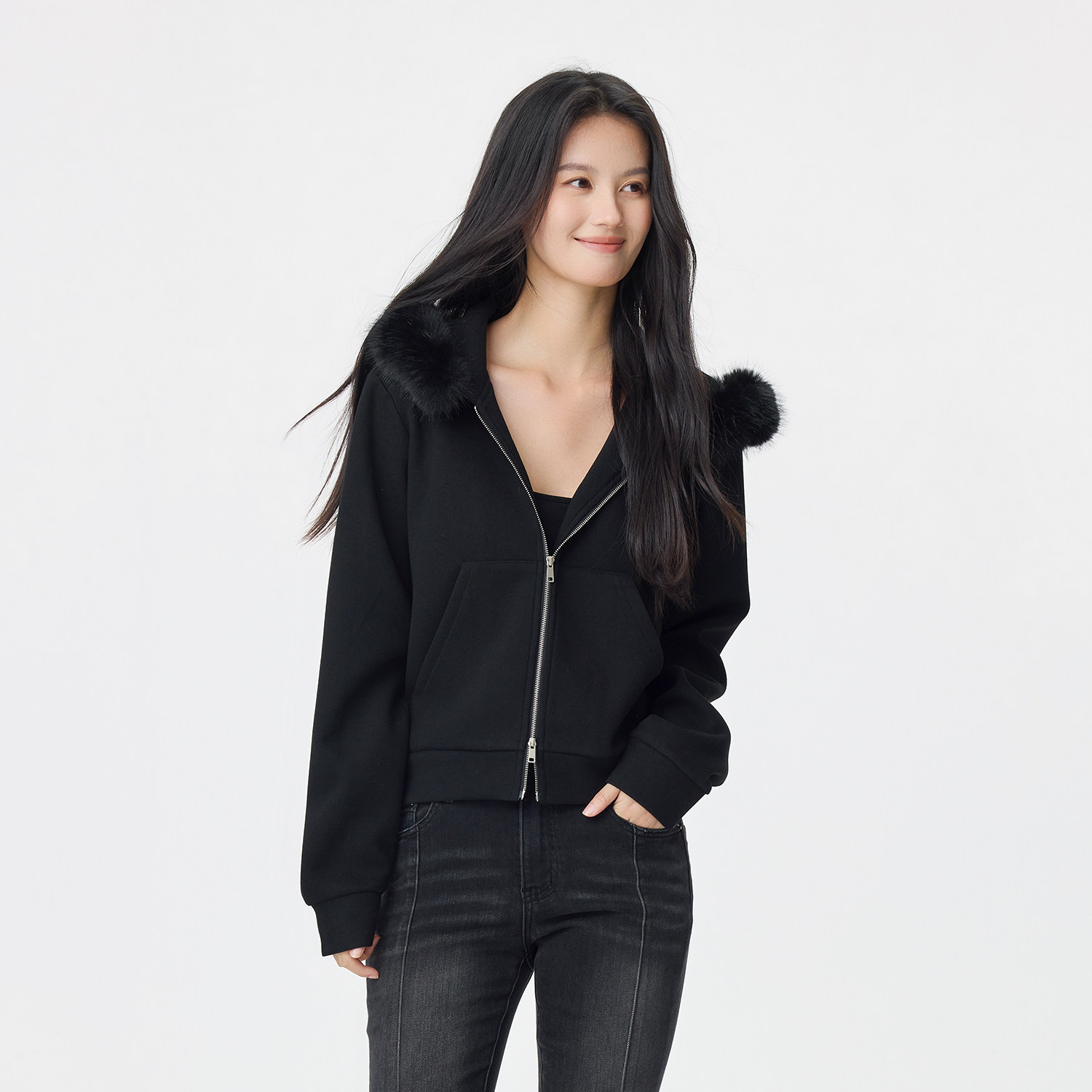 LOUZING毛领连帽卫衣女2025冬新款小个子黑色双拉链显瘦韩系外套