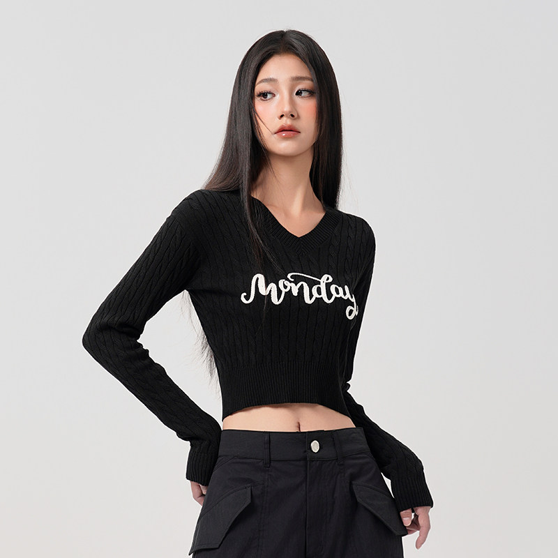 LOUZINGv领针织衫女2026新款冬小个子黑色麻花毛衣修身显瘦上衣潮