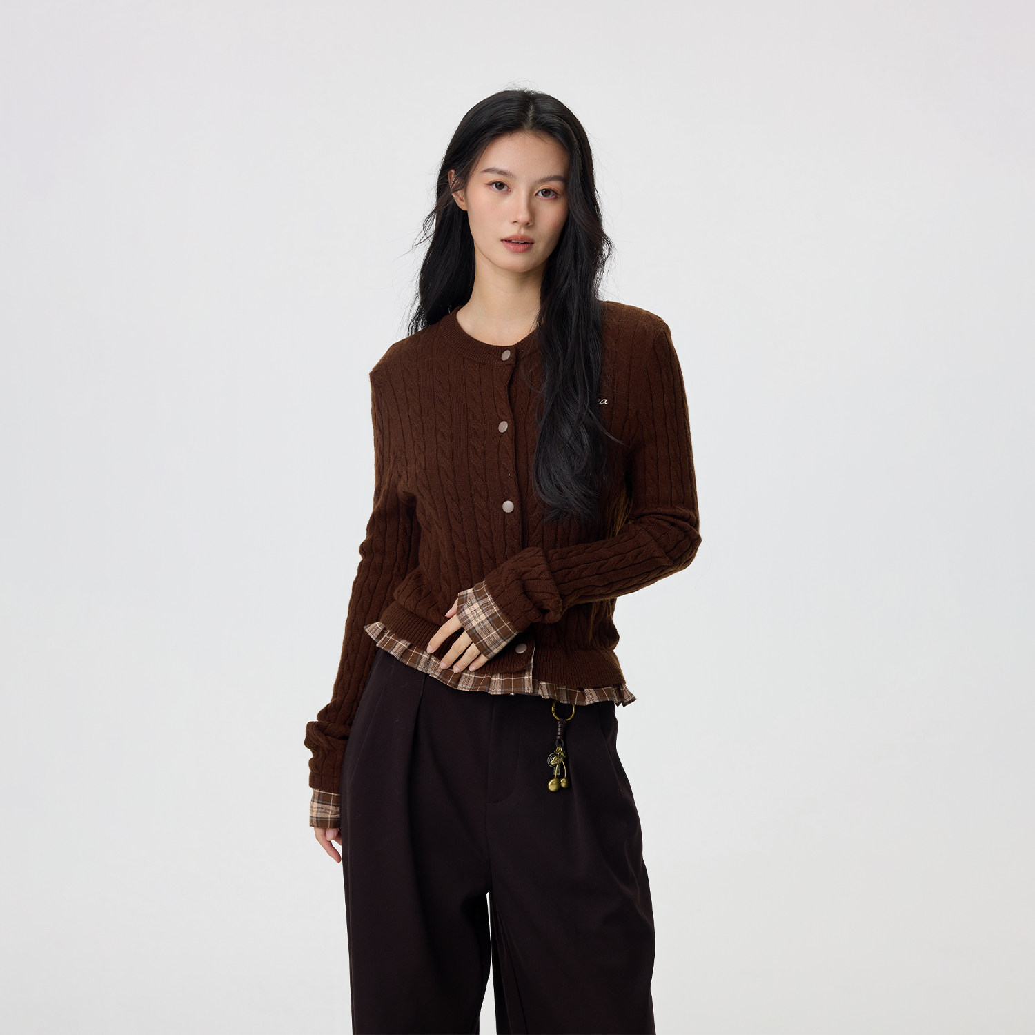 LOUZING黄色麻花圆领毛衣2026春小个子宽松假两件格子针织衫外套,女装/女士精品,毛针织衫,淘宝优惠券,粉丝福利购,淘宝优惠卷