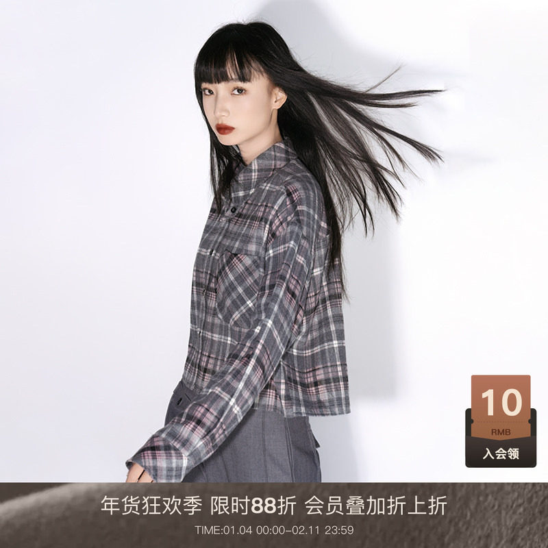 LOUZING美式格子衬衫女2025秋冬新款休闲宽松百搭磨毛长袖外套潮女装/女士精品衬衫原图主图