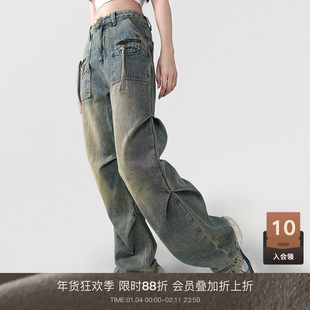 LOUZING复古水洗美式牛仔裤女高个子重工窄版直筒裤加长工装裤子