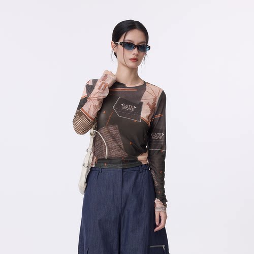LOUZING拼图皮肤衣女2026秋季新款印花网纱打底t恤长袖修身罩衫潮