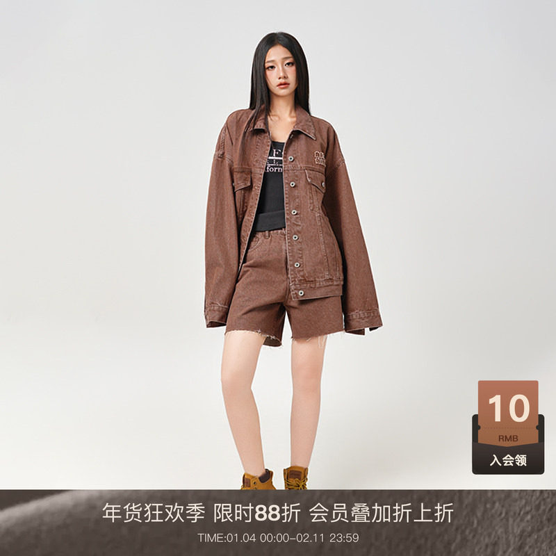 LOUZING小个子ins穿搭牛仔套装两件套2025新款外套冬季外穿短裤