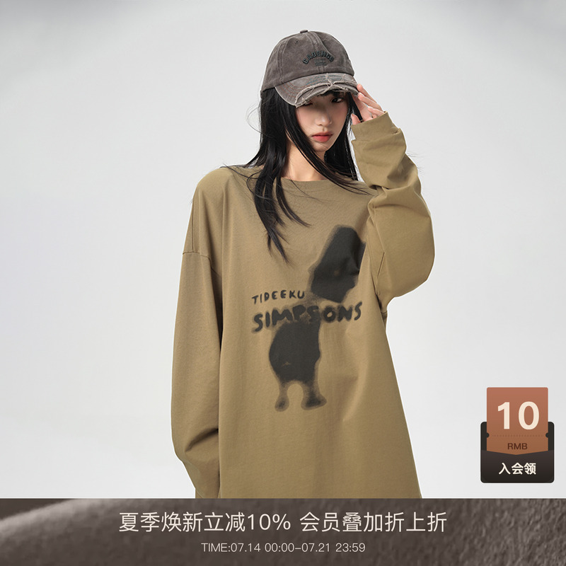 LOUZING印花t恤女2025新款长袖遮屁股可外穿中长BF风垫肩上衣潮