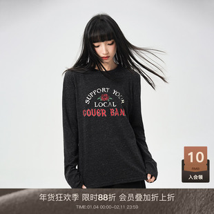 LOUZING卡通长袖t恤女春秋2025新款小个子中长款显瘦印花宽松上衣