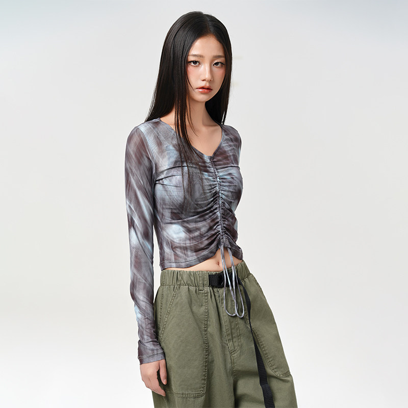 LOUZING扎染透气显瘦长袖t恤女2025夏季新款抽绳修身显瘦薄款上衣