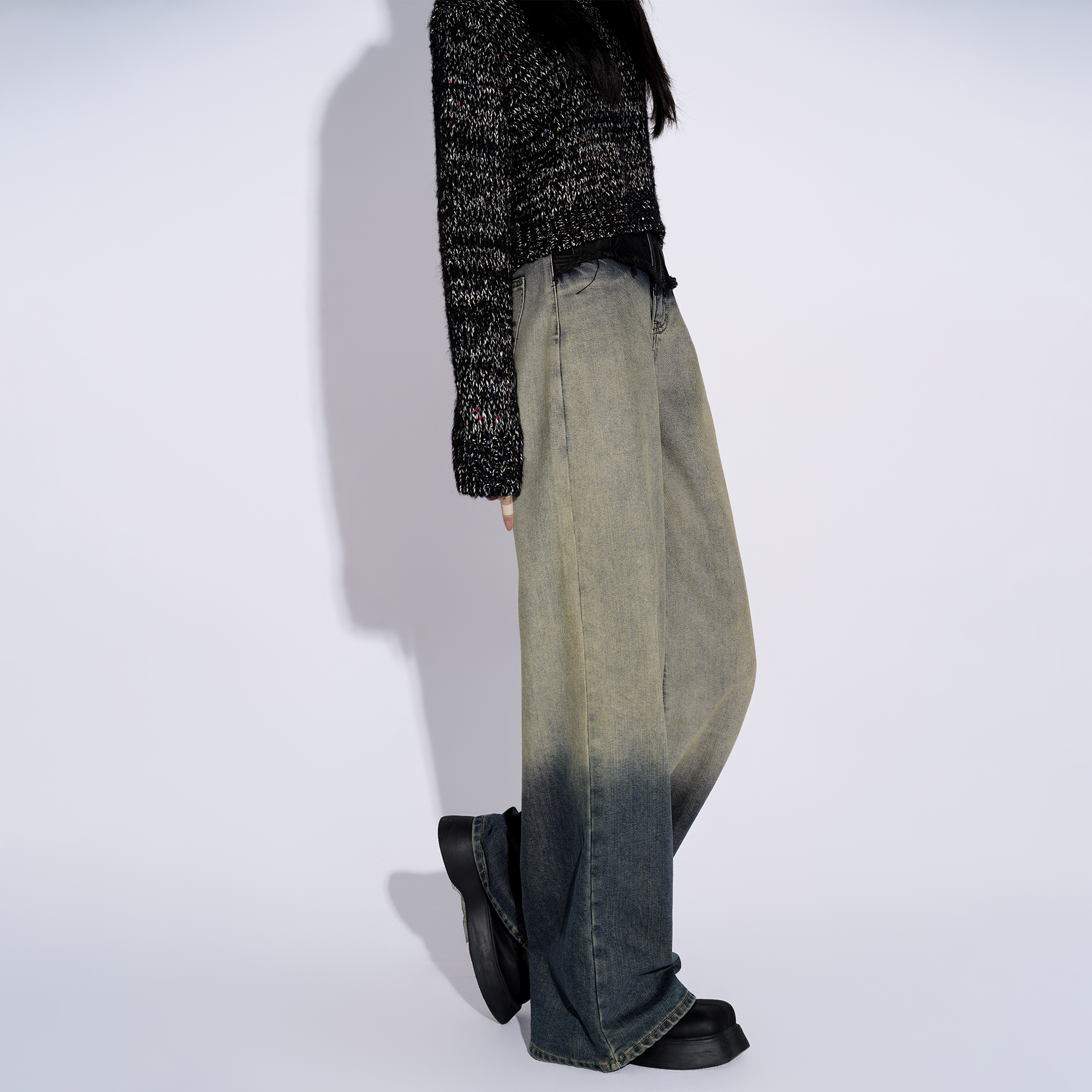 美式复古设计感渐变拼接牛仔裤