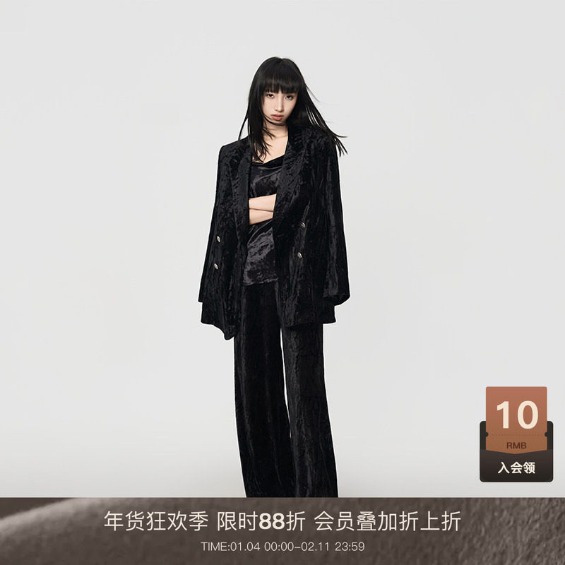 LOUZING黑色金丝绒西装套装女2025新款西装外套西装裤吊带三件套,女装/女士精品,时尚套装,淘宝优惠券,粉丝福利购,淘宝优惠卷