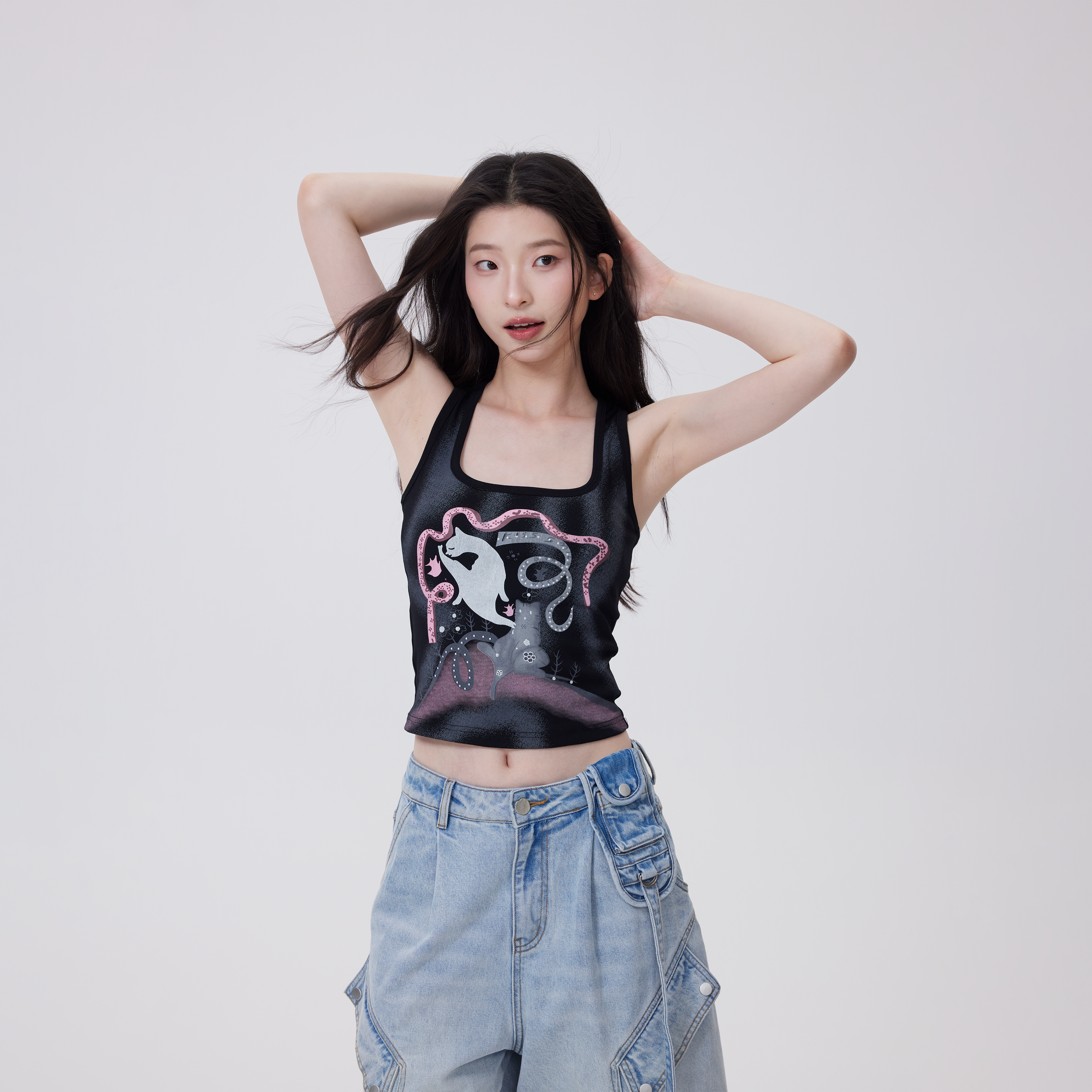 LOUZING猫咪印花小吊带女2026新款夏装甜妹外穿修身带胸垫背心潮