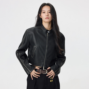 LOUZING美式复古正肩机车服女2026春季新款小个子酷飒风夹克外套