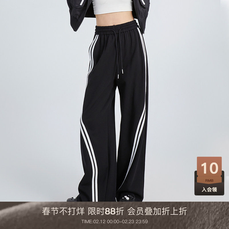 LOUZING美式直筒黑色运动裤女冬小个子宽松卫裤条纹休闲拖地裤子