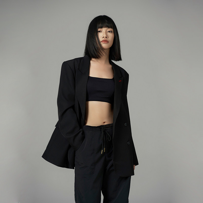 LOUZING黑色韩版西装外套女高级感小个子宽松慵懒风秋天休闲上衣