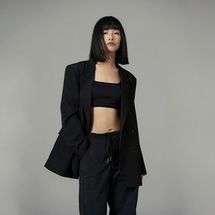 LOUZING黑色韩版西装外套女高级感小个子宽松慵懒风秋天休闲上衣