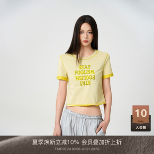 LOUZING复古线条字母印花正肩短袖 显瘦基础上衣 t恤女2025夏装 新款