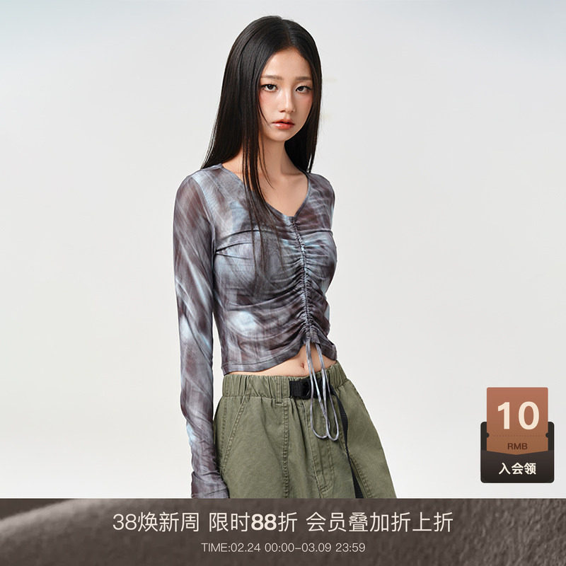 LOUZING扎染透气显瘦长袖t恤女2025夏季新款抽绳修身显瘦薄款上衣