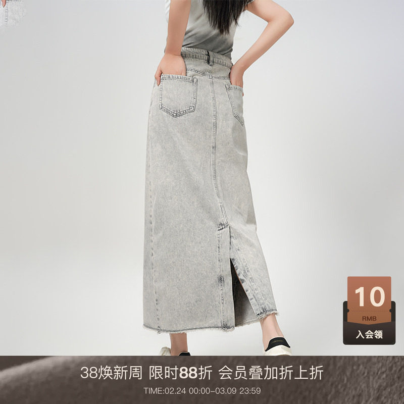 LOUZING复古开叉牛仔半身裙女2025春款新款小个子复古a字包臀长裙