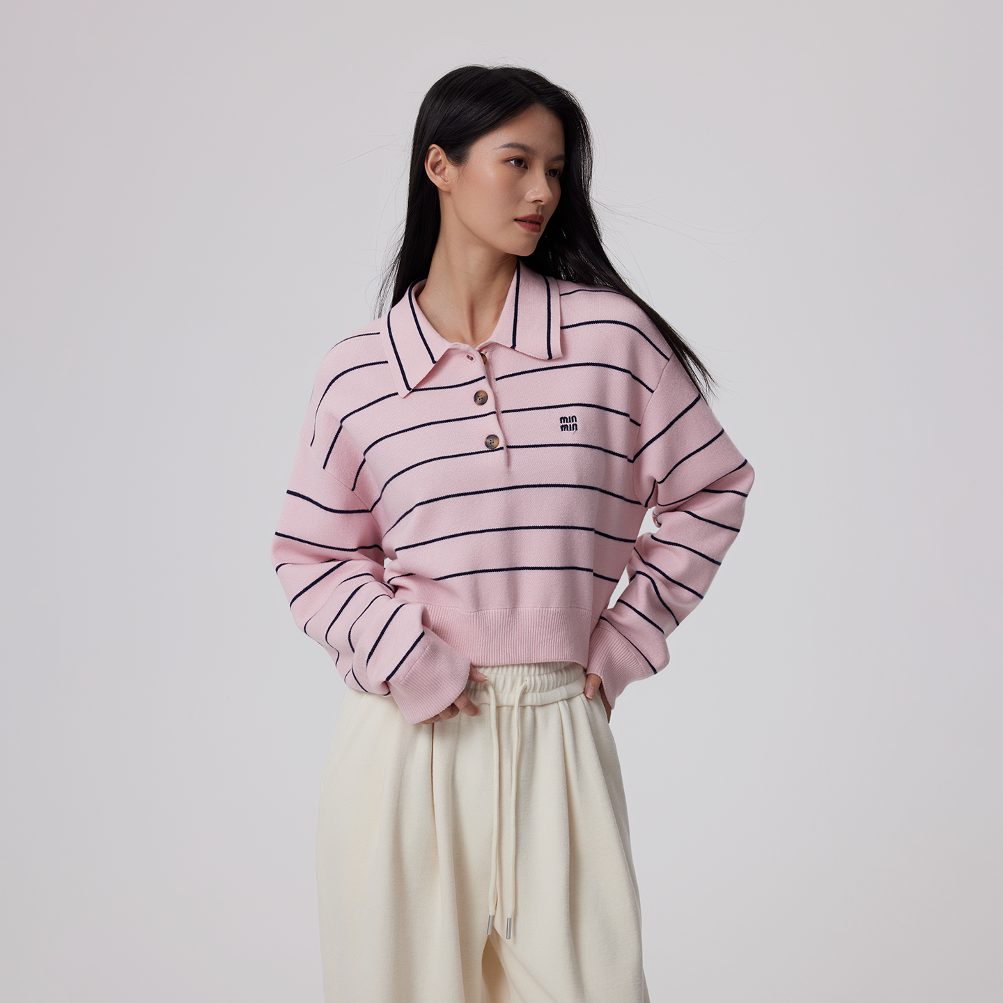 条纹polo翻领针织衫女