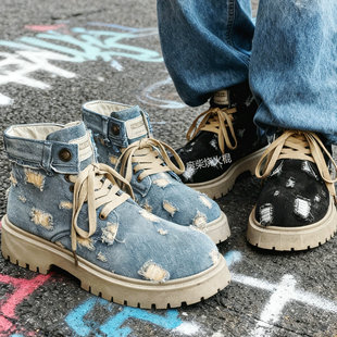 小众马丁靴男鞋高帮原创设计感帆布靴蓝色乞丐牛仔布面美式工装靴