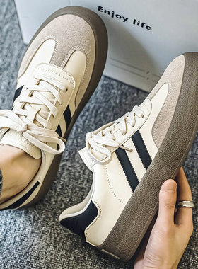 男士德训鞋夏季透气复古灰色阿甘休闲鞋厚底皮面软底小众板鞋男鞋