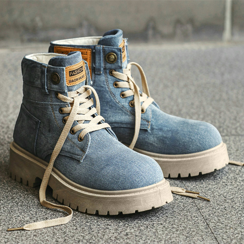马丁靴男鞋小众帆布靴厚底美式高帮蓝色潮靴复古短靴牛仔布工装靴